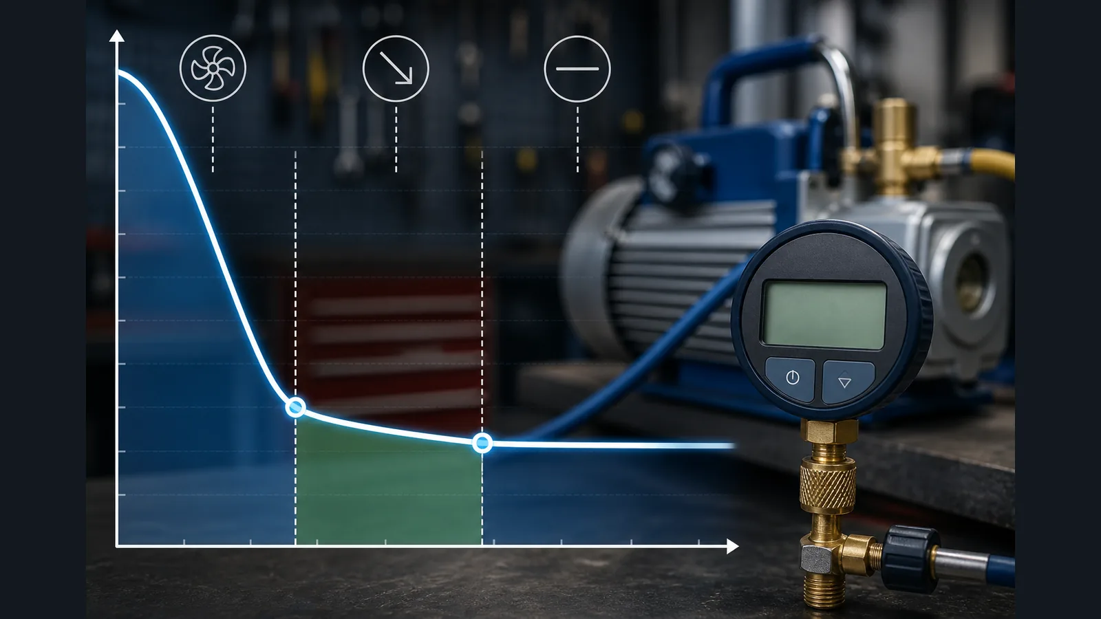 Evacuation curve phases shown on a micron gauge display during HVAC commissioning