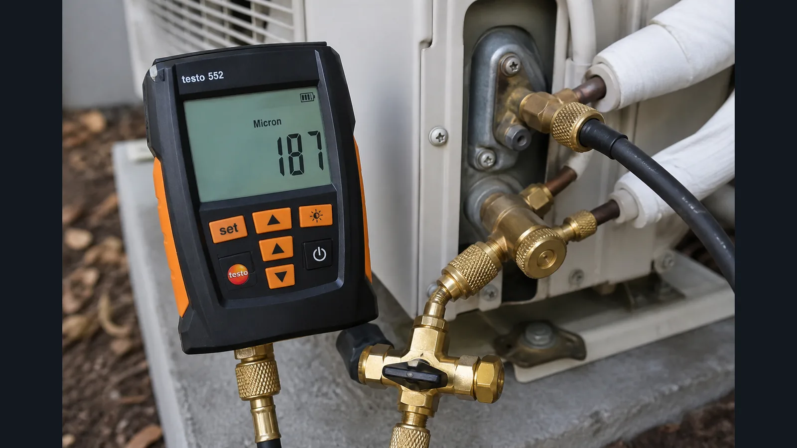 Digital vacuum gauge showing deep micron reading during R-410A system evacuation