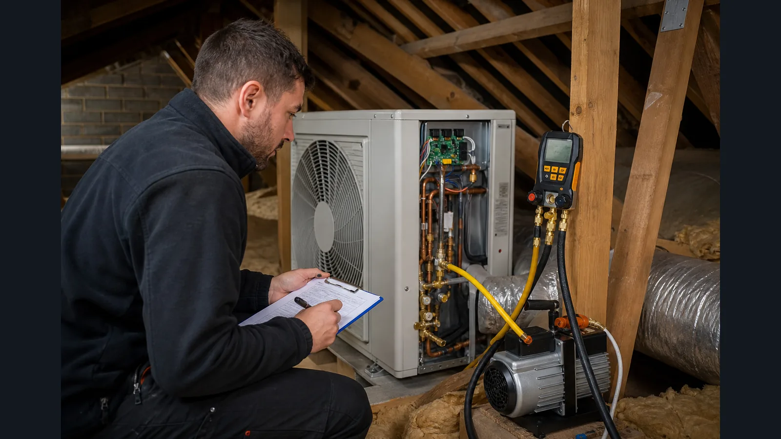 Digital micron gauge connected at an HVAC service port during a standing vacuum decay test