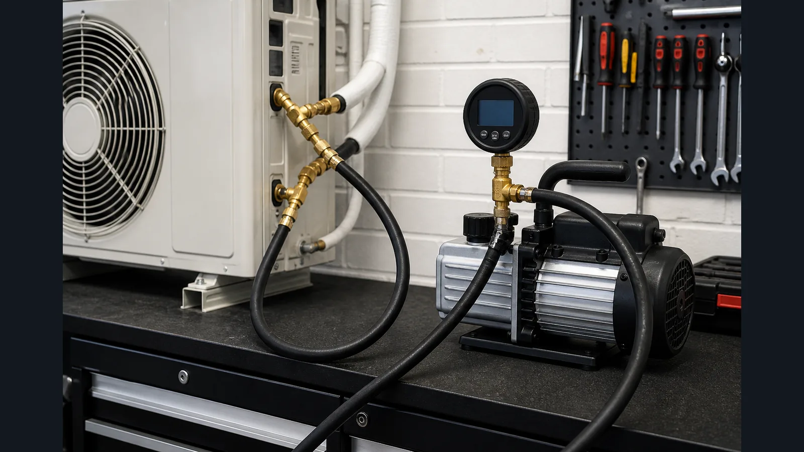 Valve core removal tool connected with vacuum hose and digital micron gauge for HVAC evacuation